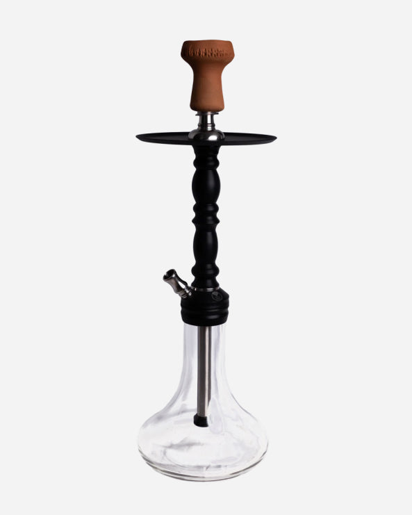 Moderne Shisha von Elmas Originale, mattschwarze Rauchsäule und kristalklare Bowl. 